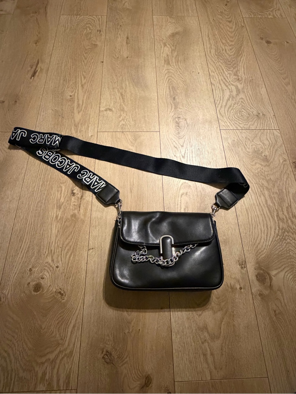 Marc Jacobs Black Leather Crossbody with Branded Webbing Strap